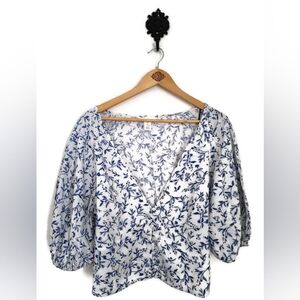 Linen Blend Top Pouf Sleeves Garden Girl Cottage core Size Large